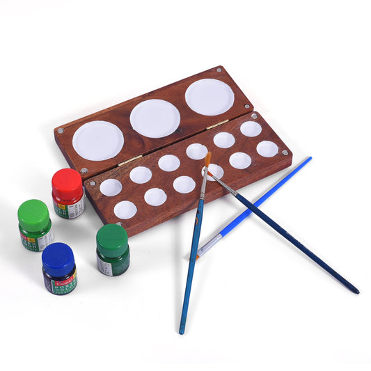 Wooden Colour Palette with Round Wells (12+3) – Ideal for Mixing Colours & Artistic Use - The Etch Wood